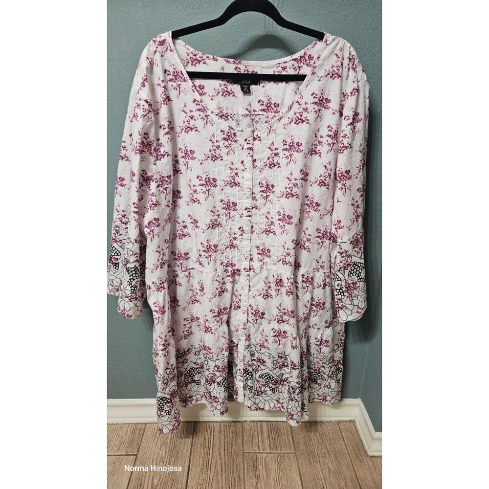 Ellas Womens 4X Floral & Paisley Tunic Top Button Front Cotton Blend